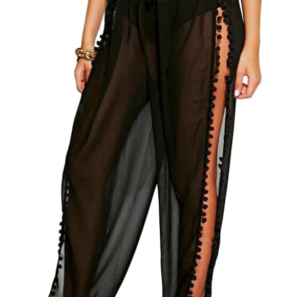 Black Pom Pom Split Beach Trouser - Picture 3 of 7